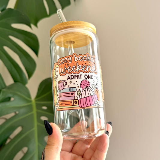 Cosy Bookish Weekend Admit One ~ Glass Can Mug ~ 16oz