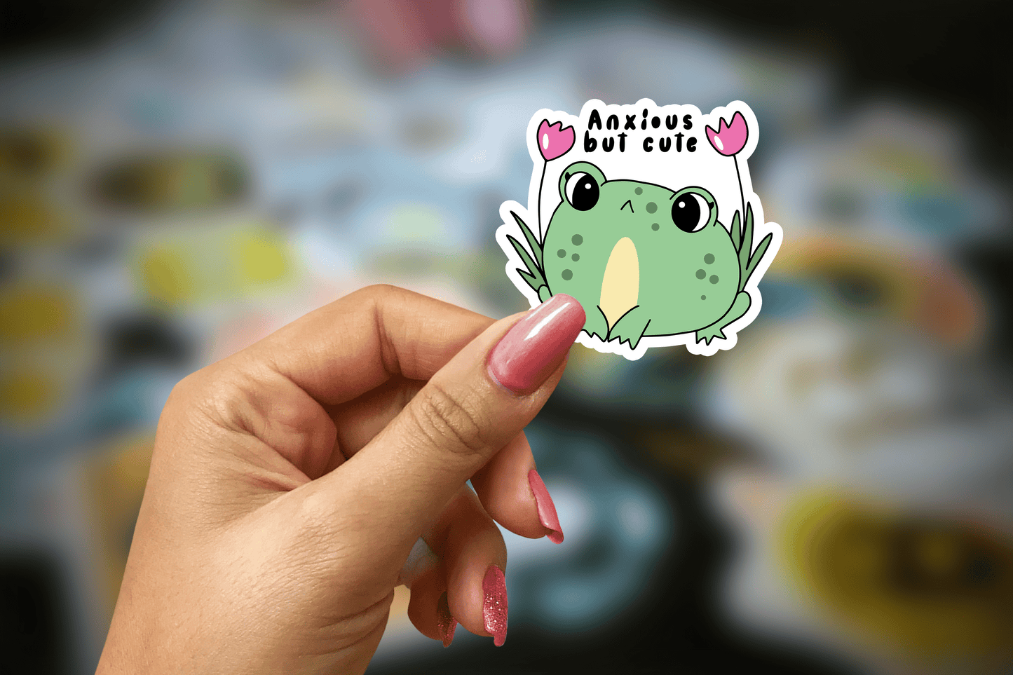 anxious but cute frog ~ vinyl sticker - pae pukapuka