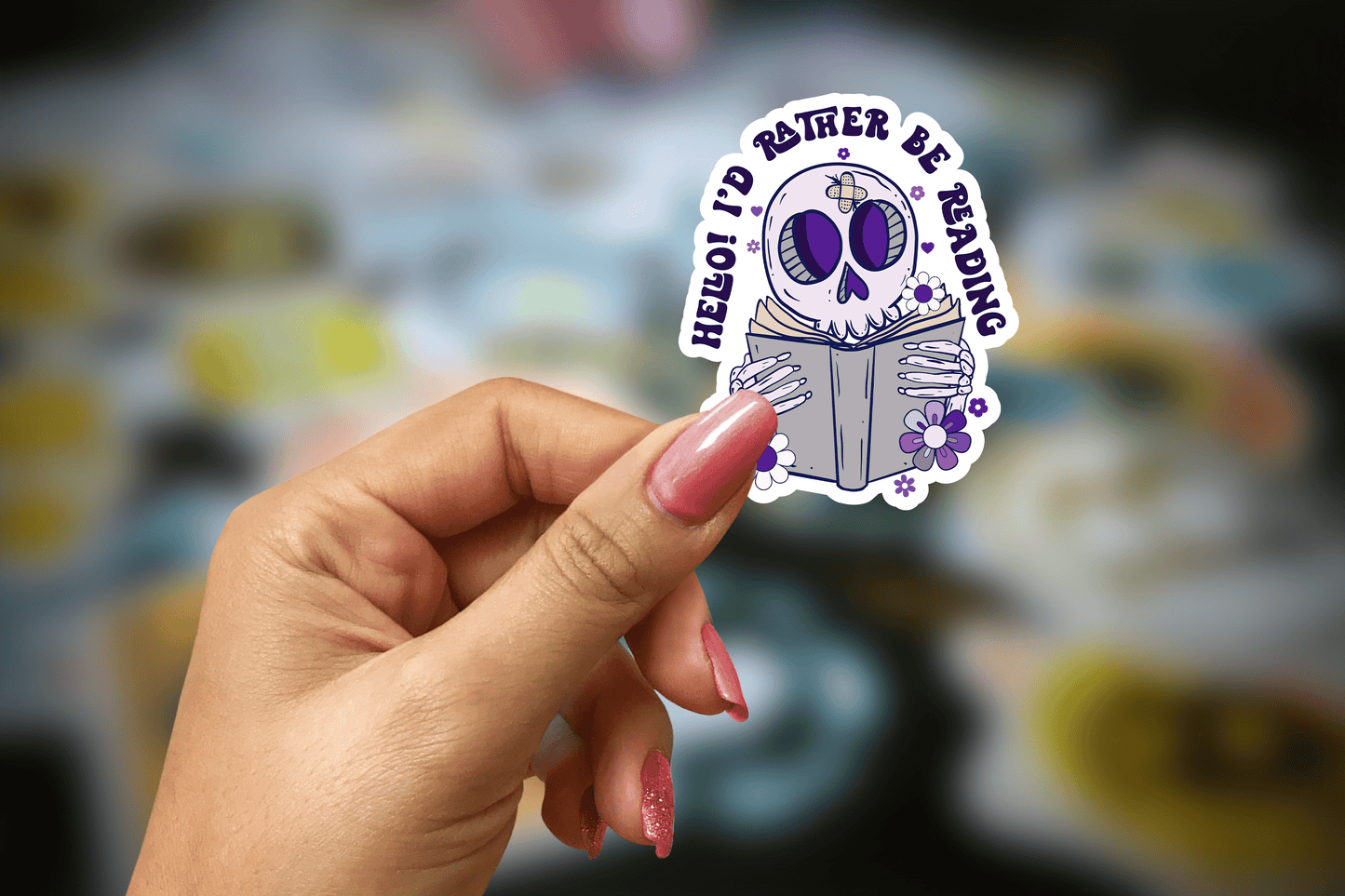 hello! i'd rather be reading skull ~ vinyl sticker - pae pukapuka